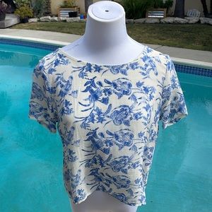 Silk Anthropologie 100% silk top - blue & white, open back crop top…